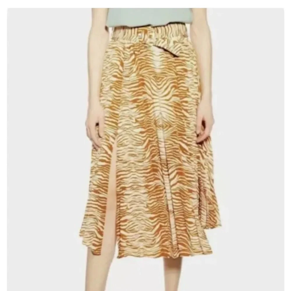 Topshop Pleated Zebra Mango Orange Cream Tiger Sheer Animal Print Midi Skirt